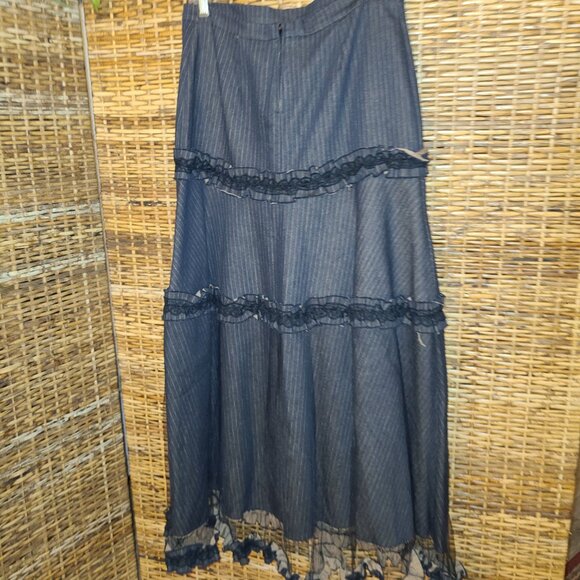 S-Marque Tiered Maxi Skirt Sz Large Black Beige Ruffled Tulle Netting Boho Rock - Picture 6 of 8
